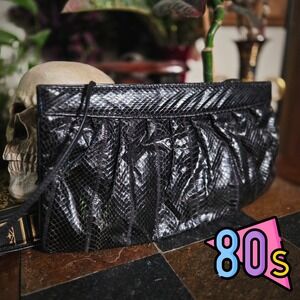 Vintage 80s Palizzio Black Snakeskin Clutch Crossbody Bag Pleated Evening Purse